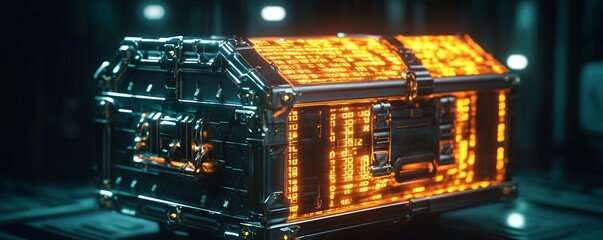 Leinwandbilder - Futuristic metal chest with glowing orange panels displaying data, suggesting advanced technology and valuable information
