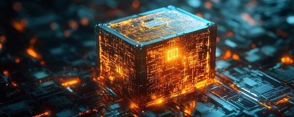 Aufkleber - Glowing cube is processing data on a complex circuit board, suggesting advanced technology and innovation