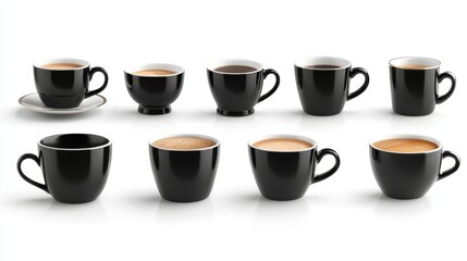 Wall Mural - Black Coffee Cups Variety Set - Perfect for a Stylish Morning Brew