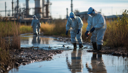 workers taking samples of a spill
