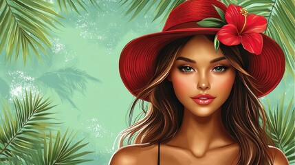 Wall Mural - Tropical Beauty with Red Hat and Hibiscus Flower Surrounded by Lush Leaves in Vibrant Illustration