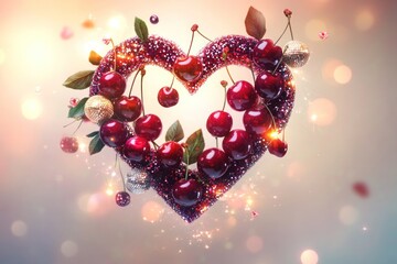 Wall Mural - A modern love gift poster with cherries and disco balls cascading in a heart-shaped arrangement, paired with soft glowing effects.