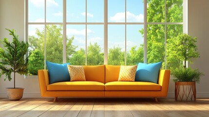 Wall Mural - Bright Yellow Sofa in Sunlit Modern Living Room with Large Windows and Greenery