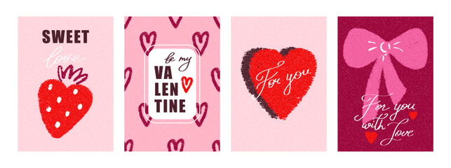 Canvas Print - set poster, cards for happy valentines day in retro trendy style with heart, strawberries and bows. 