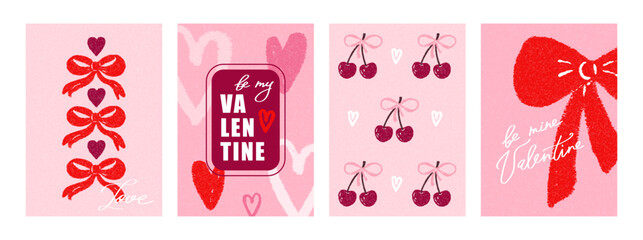 Canvas Print - set poster, cards for happy valentines day in retro trendy style with heart, bows and cherry. romant