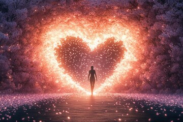 Wall Mural - A lone figure walking through a glowing heart-shaped tunnel of cherry blossoms, with petals gently falling all around.