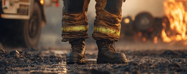 Fototapete - Firefighter stands by a burning car following a crash on a muddy roadway