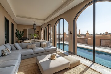 Wall Mural - Luxury penthouse with large windows city view outdoor pool modern furniture light grey walls