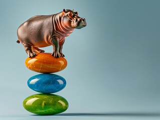 Wall Mural - A playful hippo figurine balances on colorful gemstones, creating a whimsical scene. Strength and Stability Personified