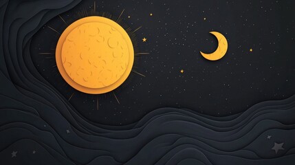 Wall Mural - sun and moon in sky illustration representing night and day with abstract waves and empty space for 
