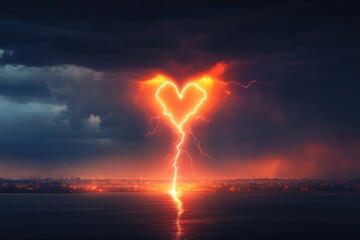 Wall Mural - A dramatic thunderstorm with a heart-shaped burst of lightning striking the ground, lighting up the darkened sky and the horizon.