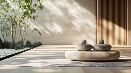 Poster - Minimalist interior design with stone garden and wood slat wall bathed in natural sunlight