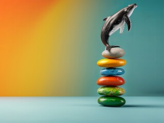 Wall Mural - A playful arrangement of colorful stones supporting a whale figurine, embodying creativity and balance. Heaviest Balance ,resistance to gravity