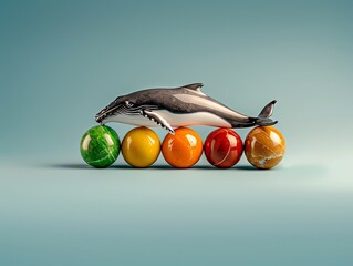Wall Mural - A creative arrangement featuring a whale sculpture balancing on colorful marbles, set against a soothing blue background. Massive Balance, Fragile Stability