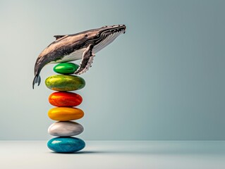 Wall Mural - A majestic whale balances atop a vibrant stack of colorful stones, creating a whimsical and imaginative scene. Massive Balance, Fragile Stability
