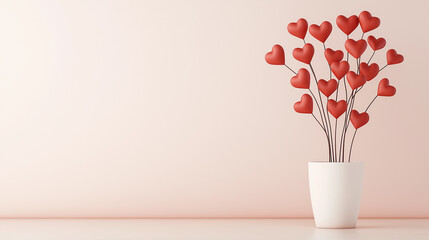 Wall Mural - Minimalist love tree with red heart-shaped leaves in a white pot against a soft pink background, romantic Valentine’s Day concept for affection and emotional warmth