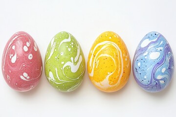 Four eggs with vibrant marbled patterns in orange, blue, yellow, and green hues on a plain white background. Concept of creativity