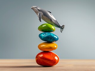 Wall Mural - A whale figurine leaps above a stack of colorful stones, creating a playful and imaginative scene. Massive Balance, Fragile Stability