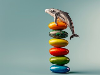 Wall Mural - A playful illustration of a whale balancing on colorful stacked stones, creating a cheerful and whimsical scene. Heaviest Balance ,resistance to gravity