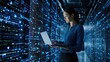 © Hope - Woman programmer using laptop, data processing connecting with internet global network, cloud computing and data center network server, cyber security, software development, data engineering