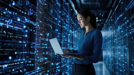 woman programmer using laptop, data processing connecting with internet global network, cloud comput