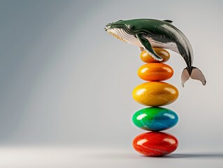 Wall Mural - A life-like whale figurine balances atop a colorful stack of polished stones, creating a whimsical and playful scene. Heaviest Balance ,resistance to gravity