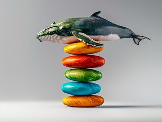 a beautifully crafted illustration of a humpback whale resting atop colorful stones in a surreal com