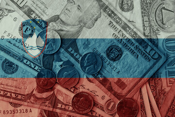 Wall Mural - colourful flag of slovenia on a dollar money banknotes and coins background. finance concept. macro shot