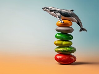 Wall Mural - A playful whale balances gracefully on a stack of colorful pebbles against a serene background. Heaviest Balance ,resistance to gravity