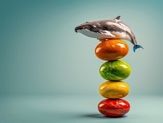 Wall Mural - A playful scene featuring a whale balanced atop colorful marbles against a soft teal background. Heaviest Balance ,resistance to gravity