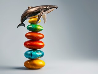 Wall Mural - A playful scene featuring a toy whale perched atop a vibrant stack of multicolored stones. Heaviest Balance ,resistance to gravity