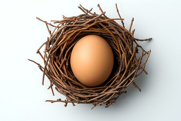 Fresh brown chicken egg in natural twig nest isolated on white background, top view. Minimalist food composition for organic and farm concepts.