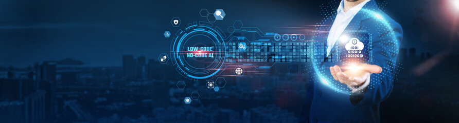 Wall Mural - low-code no-code ai: businessman holding icon and data exchanges representing seamless connection on