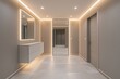 © Amina - White entrance hall mirror cabinet cabinets on both sides light gray floor tiles LED lights minimalist design professional photography high-resolution