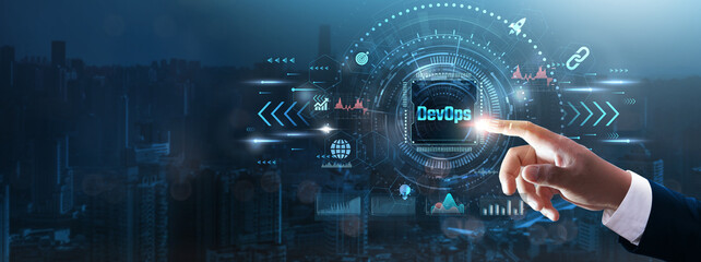 Wall Mural - devops: businessman’s hand touching futuristic technological interface, continuous integration, auto