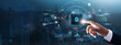 © AD - Energy Technology: Businessman’s hand touching futuristic technological interface, renewable energy, smart grids, energy optimization, sustainable solutions, and technology concept.