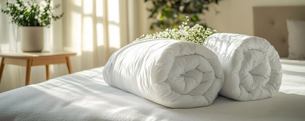 Poster - Two white duvets folded on bed with sunlight shining through window