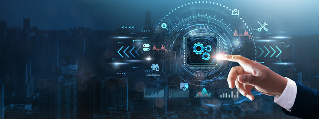 settings: businessman’s hand touching futuristic technological interface, configuration options, sys