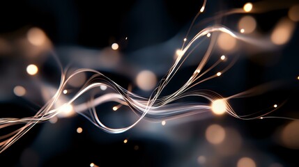 Glowing white energy waves with light particles flow on dark background creating dynamic motion effect for technology and science designs.