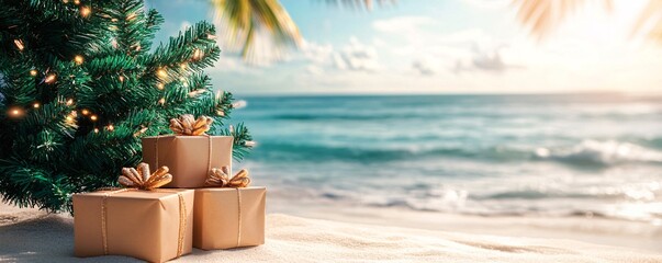 Wall Mural - Golden ornament-decorated christmas tree and gift boxes on a tropical beach celebrate the holidays