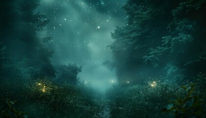 Wall Mural - A forest at night with a path through it