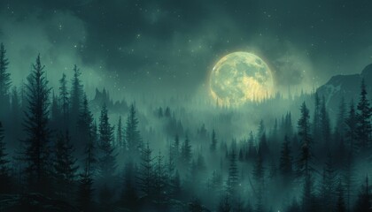 Wall Mural - A large moon is in the sky above a forest