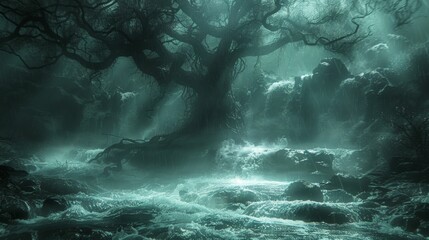 Wall Mural - A dark forest with a large tree and a waterfall