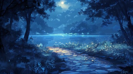 Wall Mural - A serene and peaceful scene of a forest with a lake and a moonlit sky