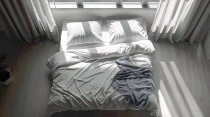Poster - Sun is shining through window onto bed with white linens in minimalist style bedroom