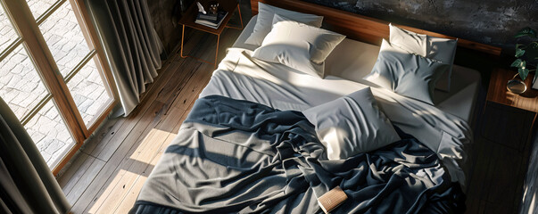 Poster - Unmade bed in modern loft apartment bathed in sunlight streaming through bedroom window