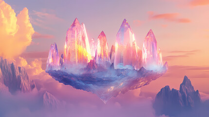 Wall Mural - Enchanting floating crystal island in ethereal sunset sky landscape. prismatic mountain peaks. illustration. enchanted island. illustration. Crystal Peaks. Illustration