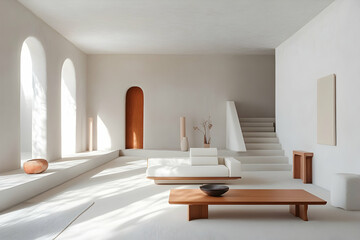 Wall Mural - Bright minimalist living space featuring clean furniture arrangements and natural light for a calming vibe