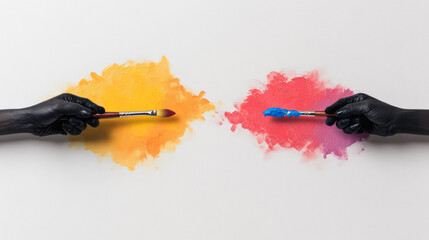 Aufkleber - A hand holding both a paintbrush and a pipette, symbolizing the balance between artistic inspiration and the scientific method,