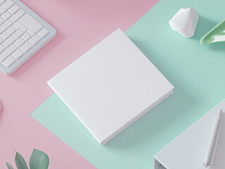 Minimalist flat lay of blank white book on pastel pink and green desk with stylish modern workspace decor, creative writing and branding mockup concept for elegant presentation